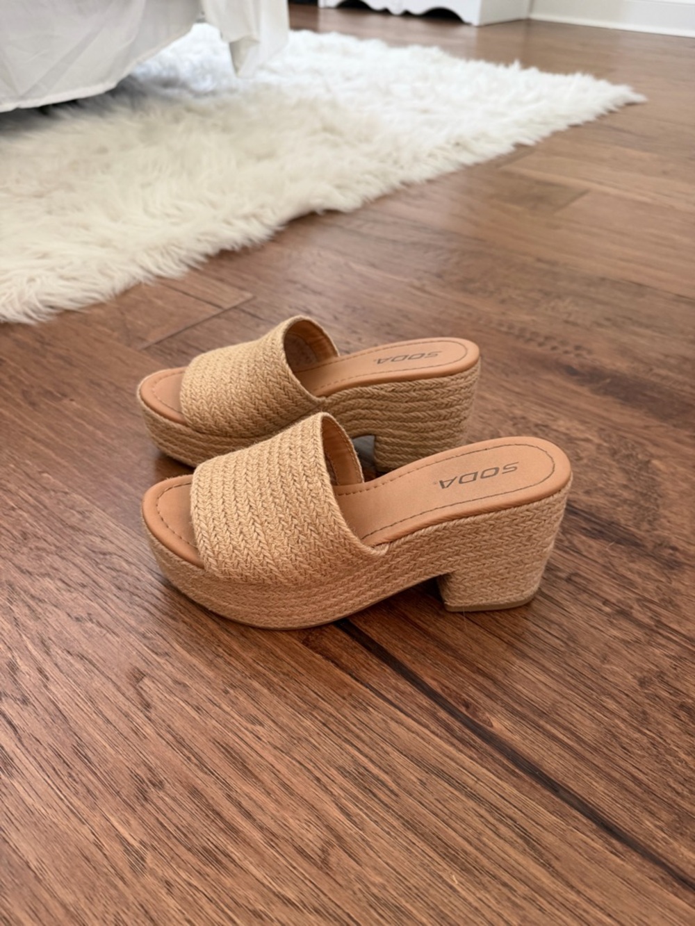 SODA Tan Woven Platform Mule Sandals